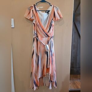 DKNY Peach and Navy Watercolor Wrap Midi Dress Size12 NWT